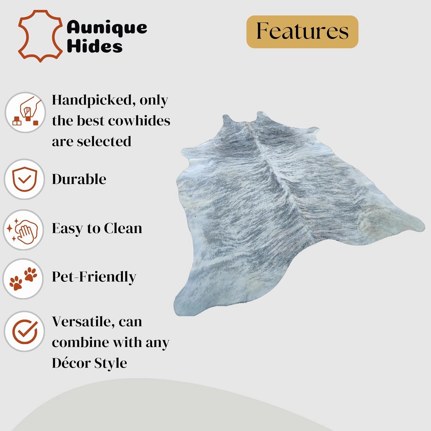 Genuine Gray Brindle Cowhide Rug - Authentic Animal Skin Area Rug/Carpet for Living Room, Bedroom, Dining Room, etc. - (6 ft x 5-6 ft)