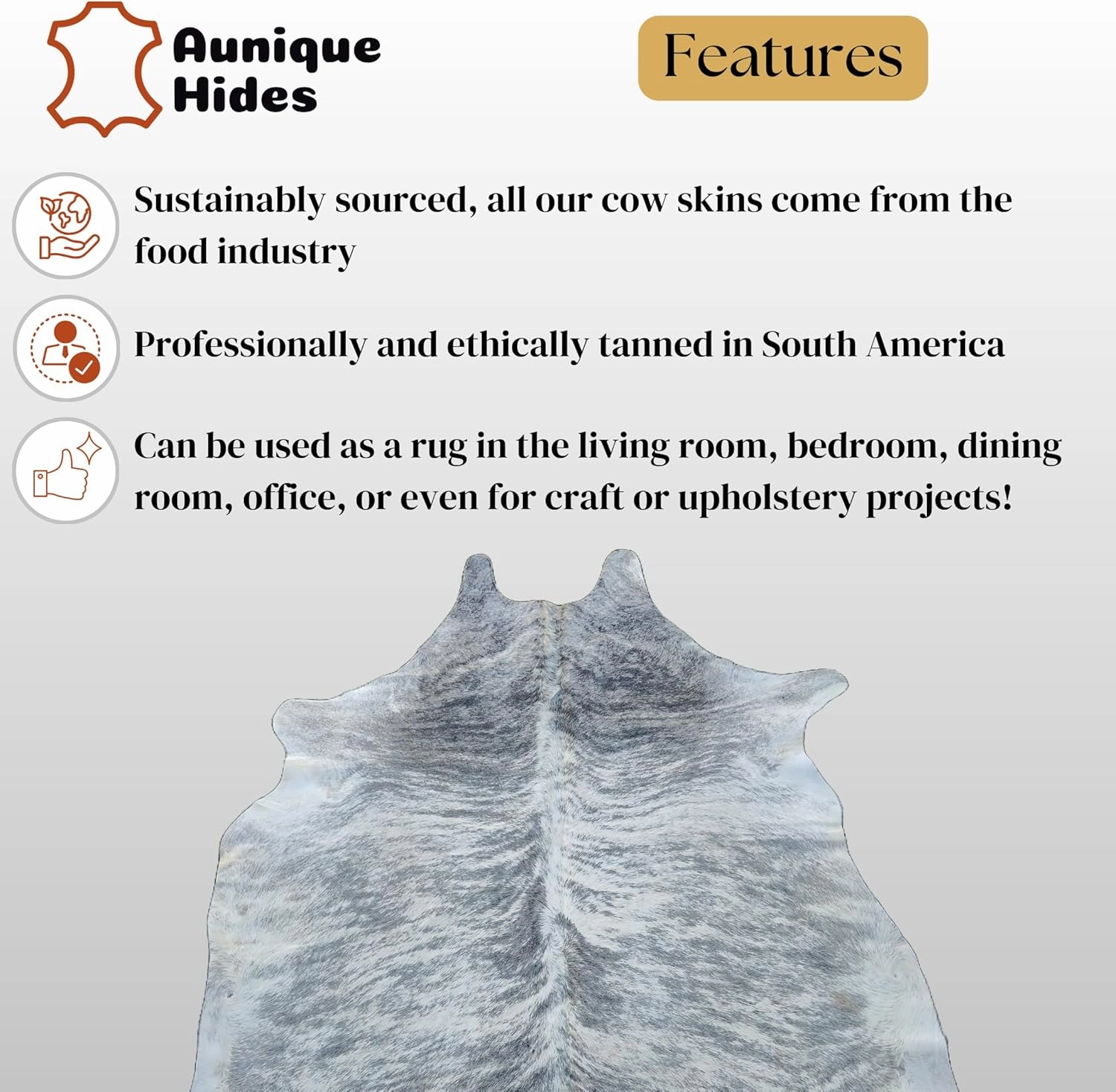 Genuine Gray Brindle Cowhide Rug - Authentic Animal Skin Area Rug/Carpet for Living Room, Bedroom, Dining Room, etc. - (6 ft x 5-6 ft)