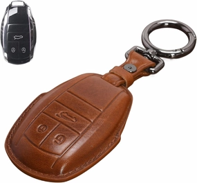 Genuine Leather 3 Buttons Car Smart Remote Key Fob Case Cover Holder Bag with Keychain for Bentley Bentayga Flying Spur GT 2018 ( Black White Brown Green Red for Choice ) (Brown)