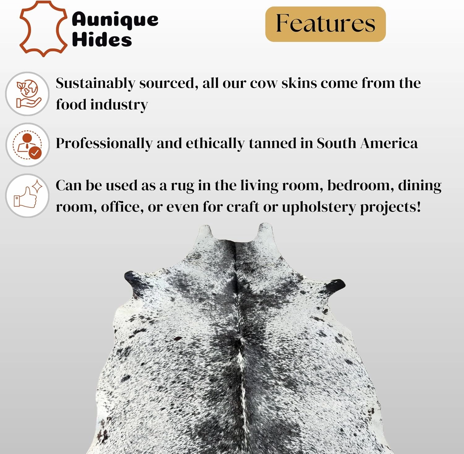 Genuine Salt & Pepper Black Cowhide Rug - Authentic Animal Skin Area Rug/Carpet for Living Room, Bedroom, Dining Room & More - (6 ft x 5-6 ft)