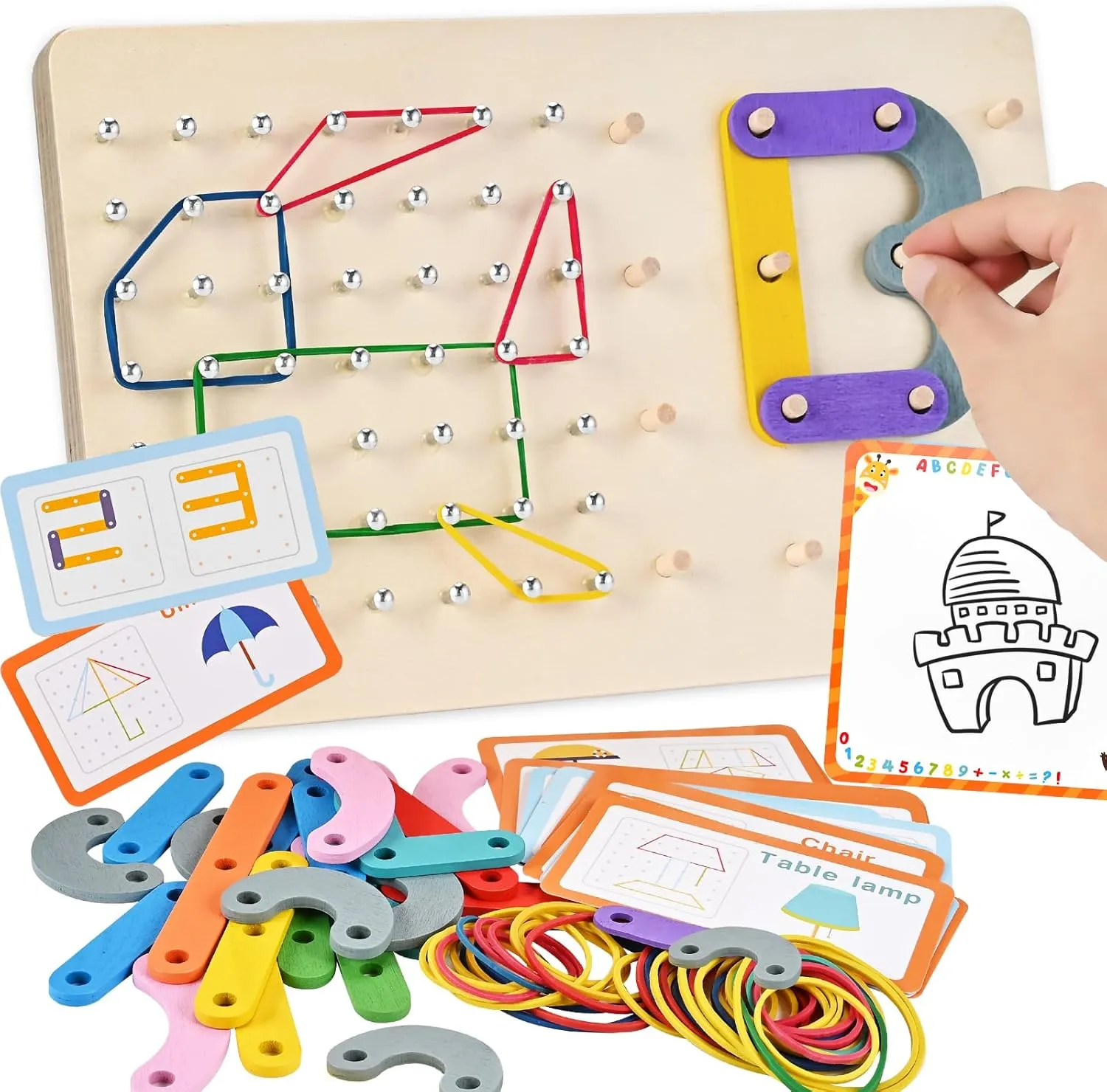 Geoboards with Rubber Bands, Wooden Letter Number Construction Puzzle Board with 20 Pattern Cards, 50 Rubber Bands to Figures and Shapes, Montessori Brain Teaser STEM Toy（9.5 * 6 * 0.6in）