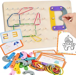 Geoboards with Rubber Bands, Wooden Letter Number Construction Puzzle Board with 20 Pattern Cards, 50 Rubber Bands to Figures and Shapes, Montessori Brain Teaser STEM Toy（9.5 * 6 * 0.6in）