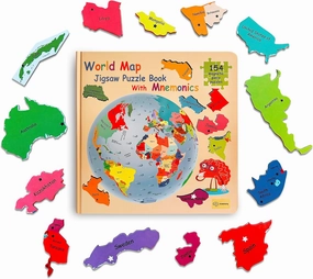 Geography Puzzle Book with Mnemonics | Magnetic World Map Puzzles for Kids & Adults (Ages 6 ) | Learn Countries & Capitals with 154 Country-Shaped Puzzles, 200 Memory Tricks & 7 Maps
