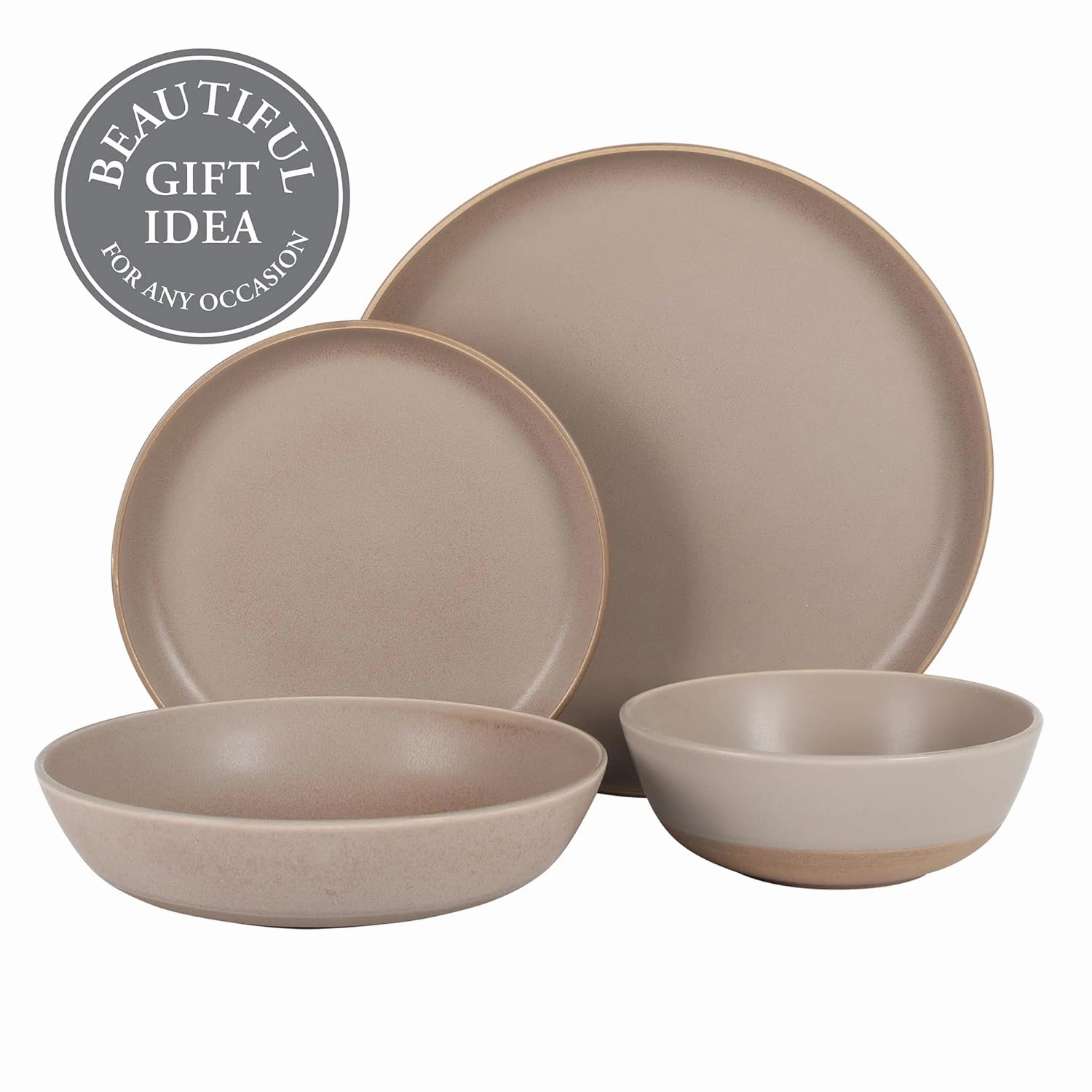 Gibson Elite Laguna Bliss 16 Piece Stoneware Reactive Glaze (Service for 4) Ceramic Plates and Bowls Dinnerware Set - Matte Beige-Gray W/Terracotta Bottom