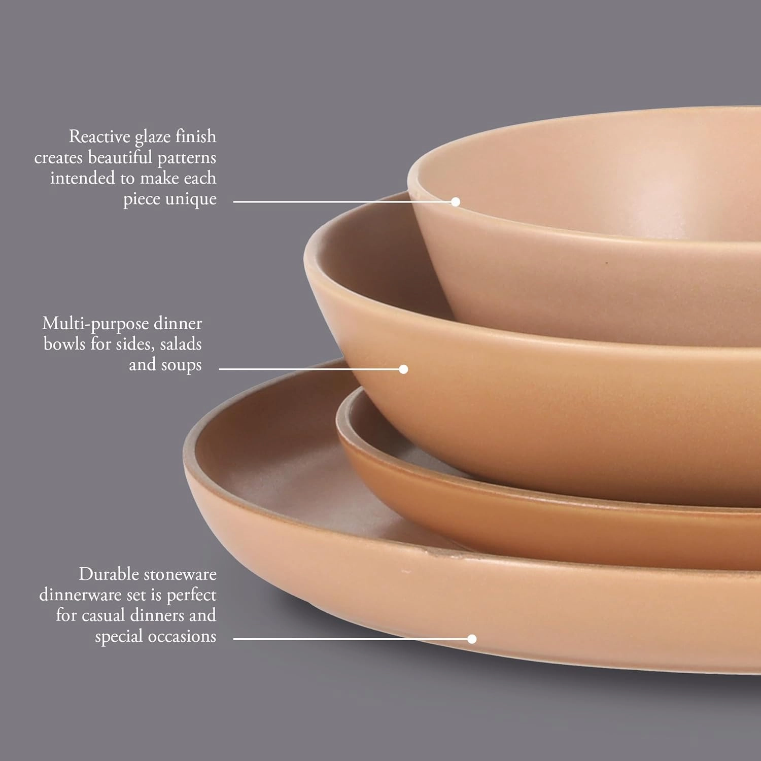 Gibson Elite Laguna Bliss 16 Piece Stoneware Reactive Glaze (Service for 4) Ceramic Plates and Bowls Dinnerware Set - Matte Clay W/Terracotta Bottom