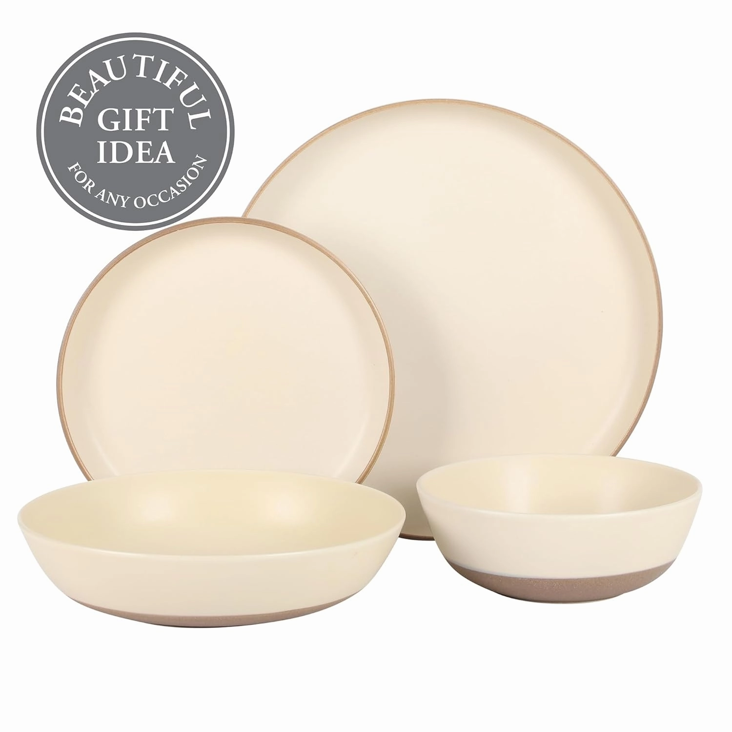 Gibson Elite Laguna Bliss 16 Piece Stoneware Reactive Glaze (Service for 4) Ceramic Plates and Bowls Dinnerware Set - Matte Cream White W/Terracotta Bottom