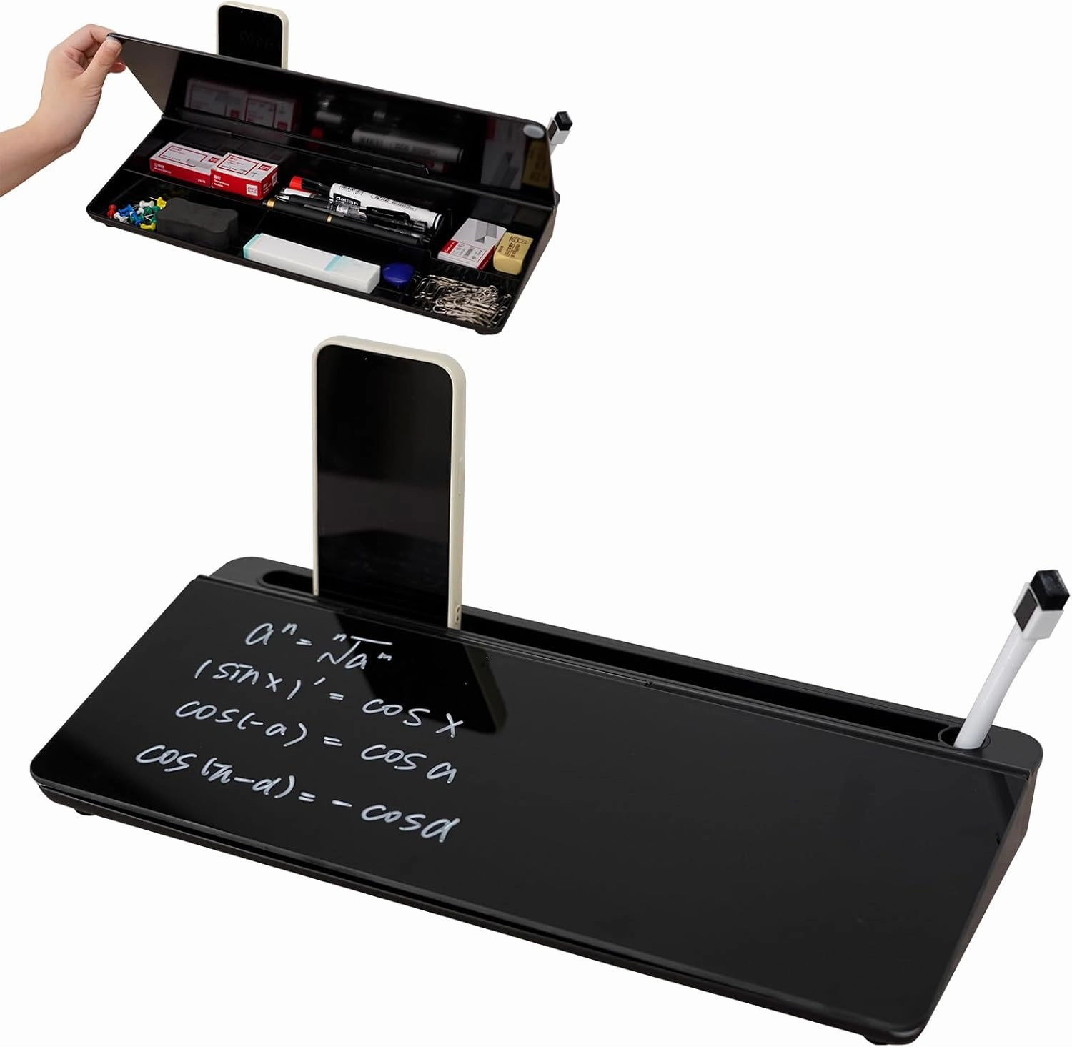 Glass Desktop Whiteboard Desk Buddy Dry Erase White Board with Storage, Computer Keyboard Stand Desk Organizer with Accessories for Office, Home, School Supplies (Black