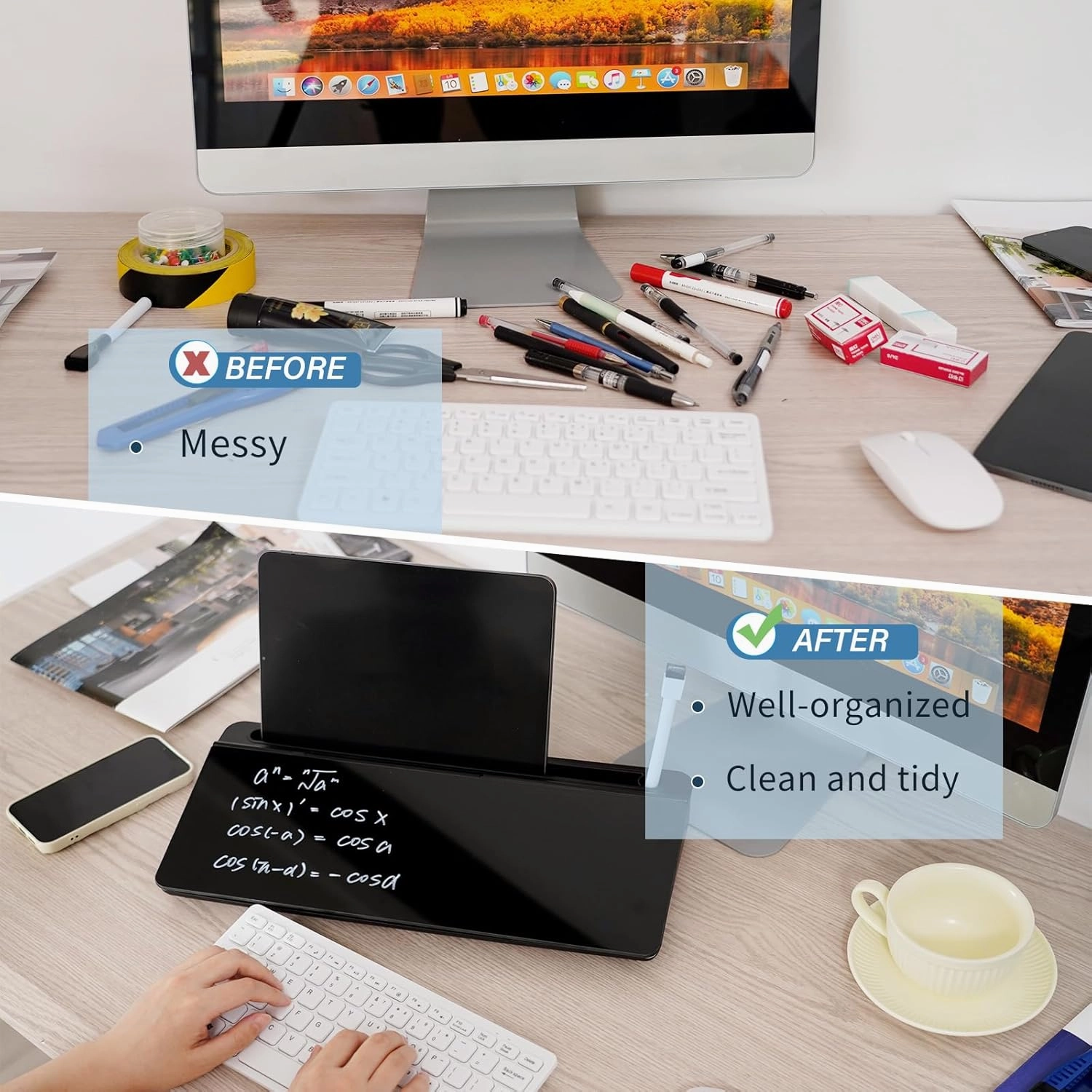 Glass Desktop Whiteboard Desk Buddy Dry Erase White Board with Storage, Computer Keyboard Stand Desk Organizer with Accessories for Office, Home, School Supplies (Black