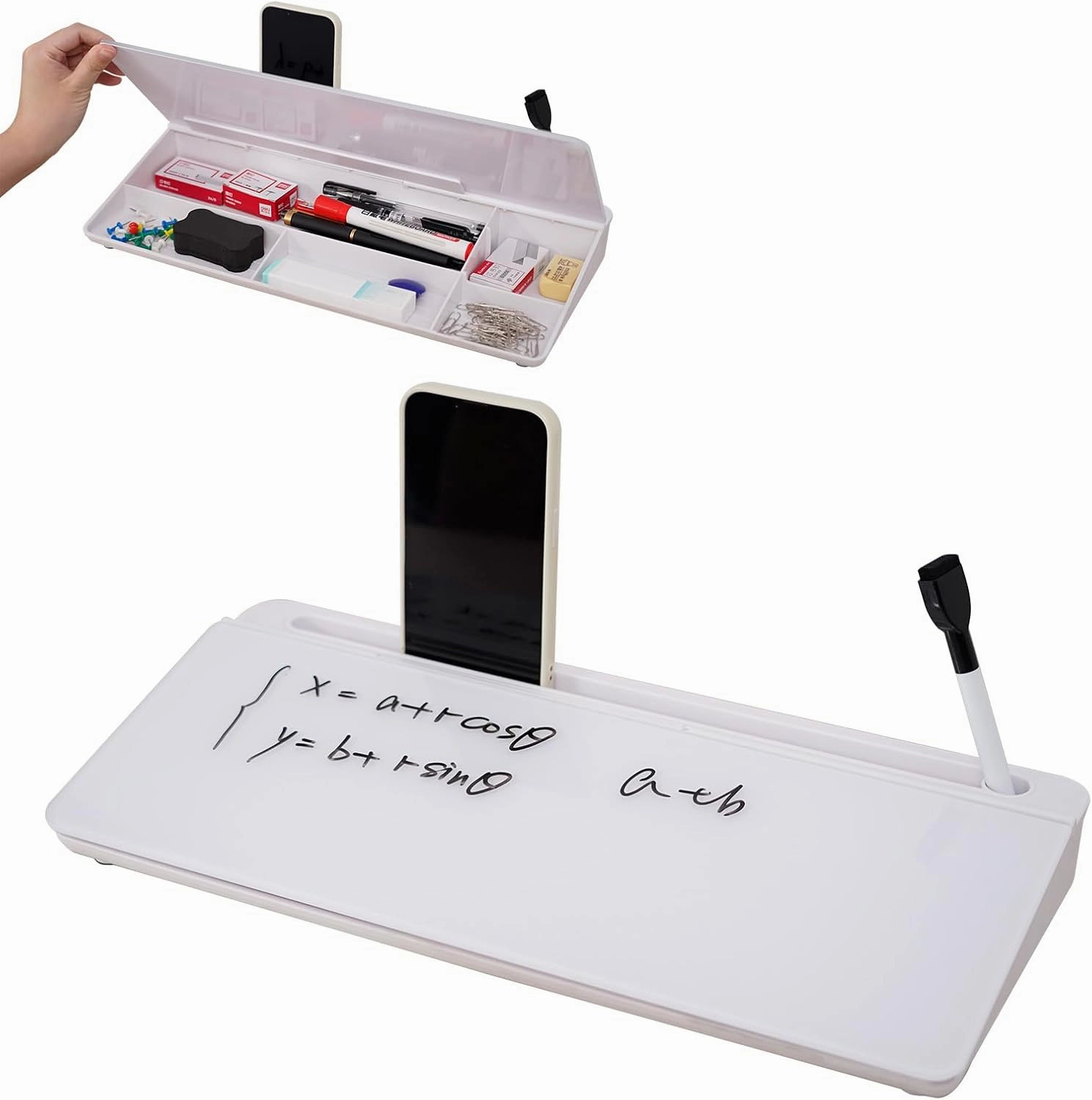 Glass Desktop Whiteboard Desk Buddy Dry Erase White Board with Storage, Computer Keyboard Stand Desk Organizer with Accessories for Office, Home, School Supplies (White)