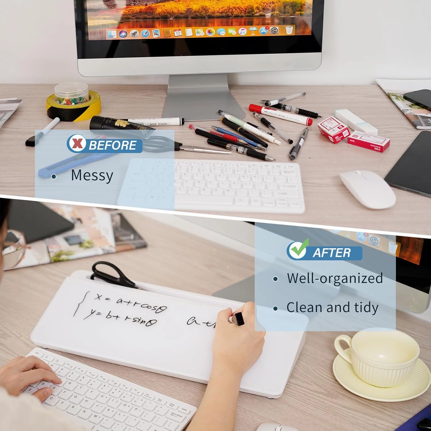 Glass Desktop Whiteboard Desk Buddy Dry Erase White Board with Storage, Computer Keyboard Stand Desk Organizer with Accessories for Office, Home, School Supplies (White)