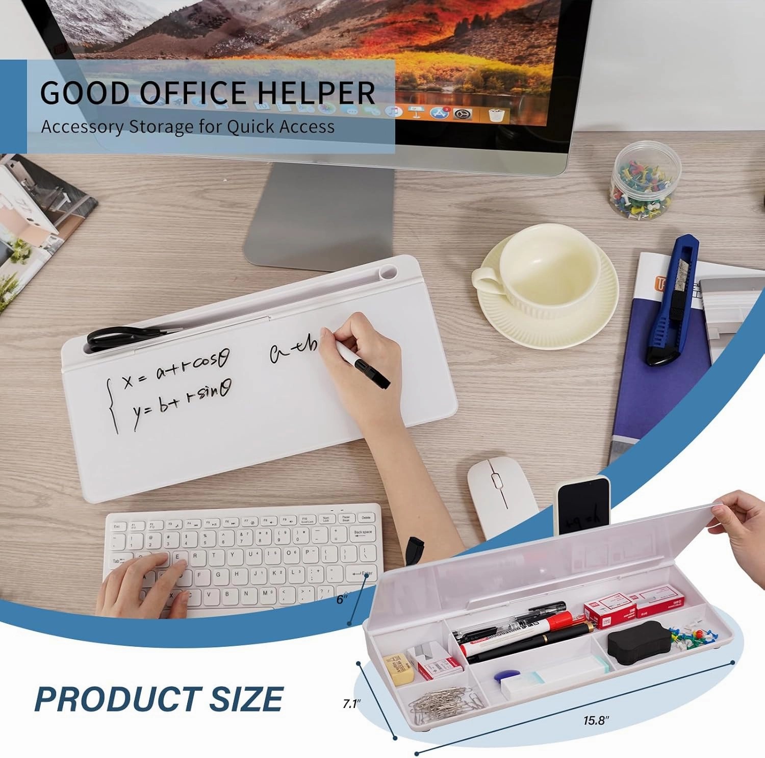 Glass Desktop Whiteboard Desk Buddy Dry Erase White Board with Storage, Computer Keyboard Stand Desk Organizer with Accessories for Office, Home, School Supplies (White)