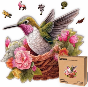 Glorious Hummingbird - 200 Piece Wooden Puzzles for Adults - 13.5 x 11.3 in - Extra-Thick 5 mm Wood Puzzle, Hand-Drawn Pieces, Bird-Shaped XL Mosaic Design - Premium Gift for Puzzle Lovers by LEOGOR