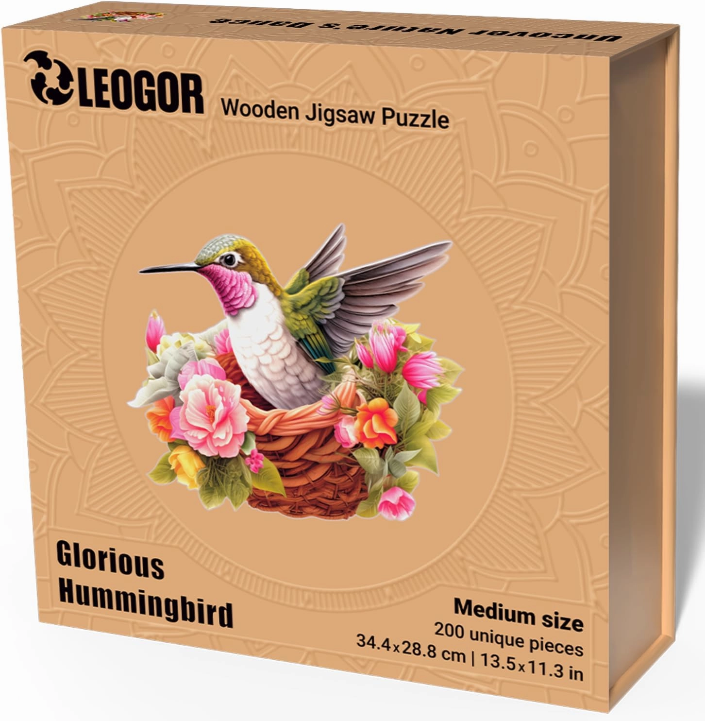Glorious Hummingbird - 200 Piece Wooden Puzzles for Adults - 13.5 x 11.3 in - Extra-Thick 5 mm Wood Puzzle, Hand-Drawn Pieces, Bird-Shaped XL Mosaic Design - Premium Gift for Puzzle Lovers by LEOGOR