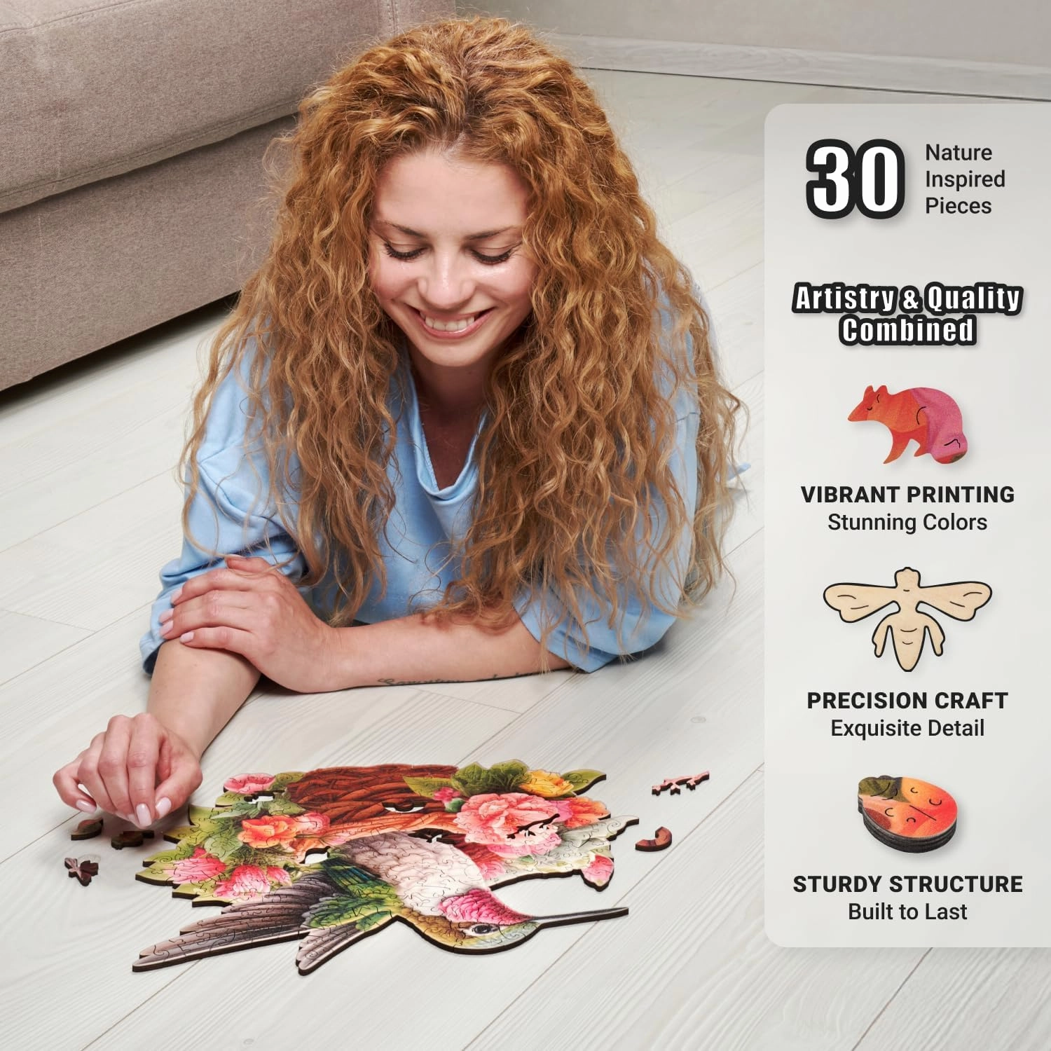 Glorious Hummingbird - 200 Piece Wooden Puzzles for Adults - 13.5 x 11.3 in - Extra-Thick 5 mm Wood Puzzle, Hand-Drawn Pieces, Bird-Shaped XL Mosaic Design - Premium Gift for Puzzle Lovers by LEOGOR