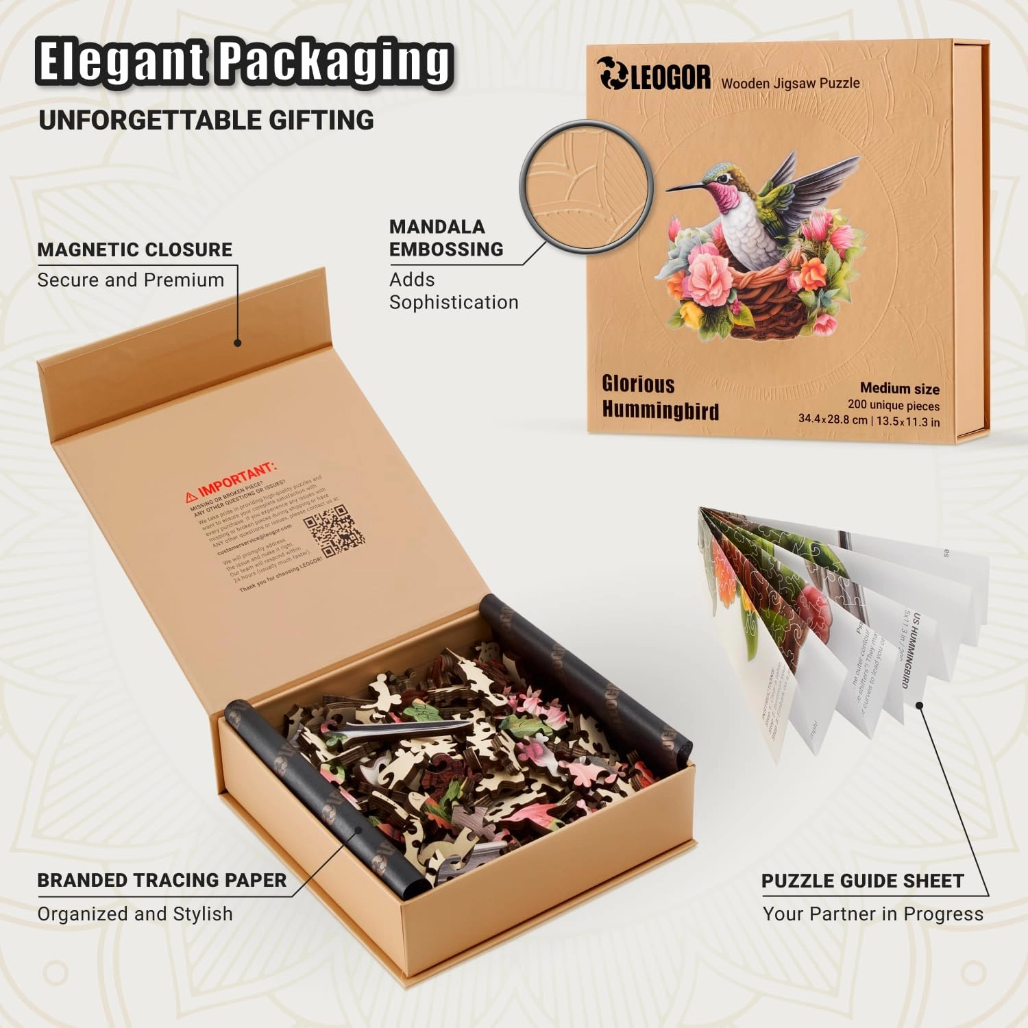 Glorious Hummingbird - 200 Piece Wooden Puzzles for Adults - 13.5 x 11.3 in - Extra-Thick 5 mm Wood Puzzle, Hand-Drawn Pieces, Bird-Shaped XL Mosaic Design - Premium Gift for Puzzle Lovers by LEOGOR