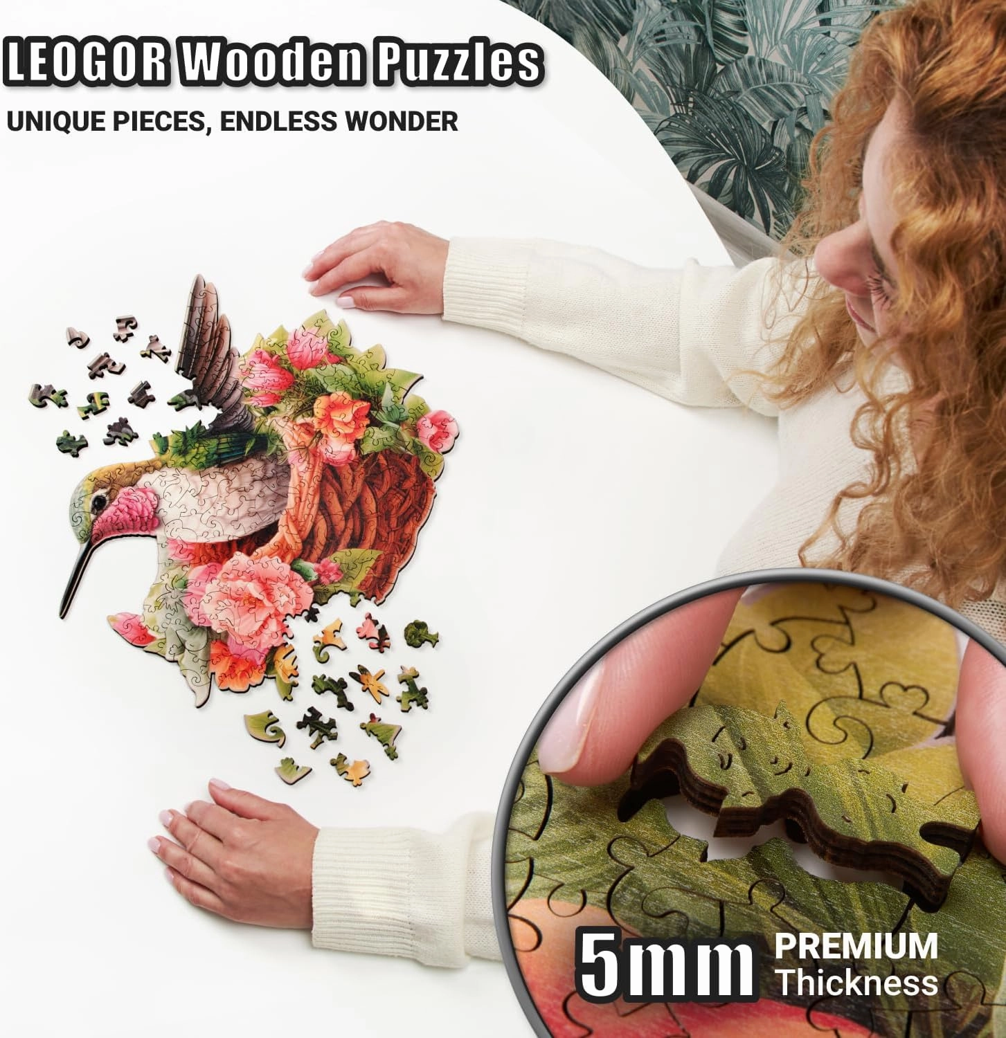 Glorious Hummingbird - 200 Piece Wooden Puzzles for Adults - 13.5 x 11.3 in - Extra-Thick 5 mm Wood Puzzle, Hand-Drawn Pieces, Bird-Shaped XL Mosaic Design - Premium Gift for Puzzle Lovers by LEOGOR