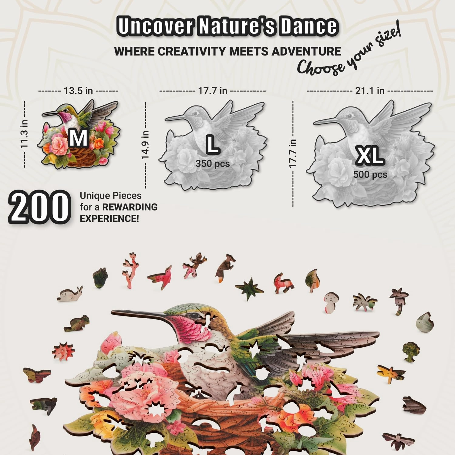 Glorious Hummingbird - 200 Piece Wooden Puzzles for Adults - 13.5 x 11.3 in - Extra-Thick 5 mm Wood Puzzle, Hand-Drawn Pieces, Bird-Shaped XL Mosaic Design - Premium Gift for Puzzle Lovers by LEOGOR