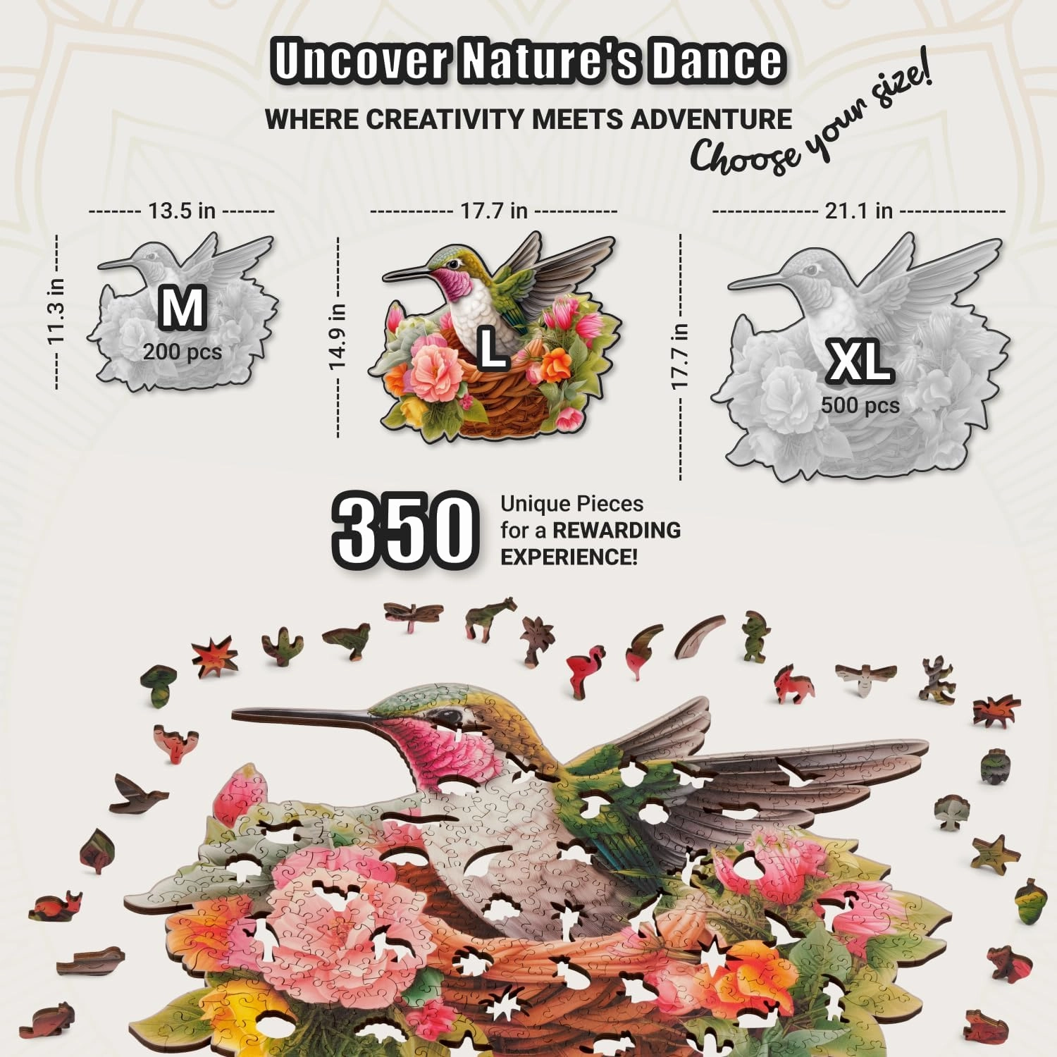 Glorious Hummingbird - 350 Piece Wooden Puzzles for Adults - 17.7 x 14.9 in - Extra-Thick 5 mm Wood Puzzle, Hand-Drawn Pieces, Bird-Shaped Mosaic Design - Premium Gift for Puzzle Lovers by LEOGOR