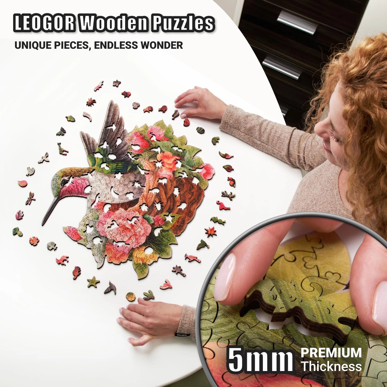 Glorious Hummingbird - 350 Piece Wooden Puzzles for Adults - 17.7 x 14.9 in - Extra-Thick 5 mm Wood Puzzle, Hand-Drawn Pieces, Bird-Shaped Mosaic Design - Premium Gift for Puzzle Lovers by LEOGOR