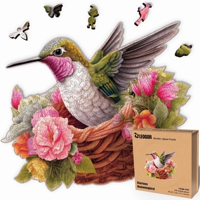 Glorious Hummingbird - 350 Piece Wooden Puzzles for Adults - 17.7 x 14.9 in - Extra-Thick 5 mm Wood Puzzle, Hand-Drawn Pieces, Bird-Shaped Mosaic Design - Premium Gift for Puzzle Lovers by LEOGOR