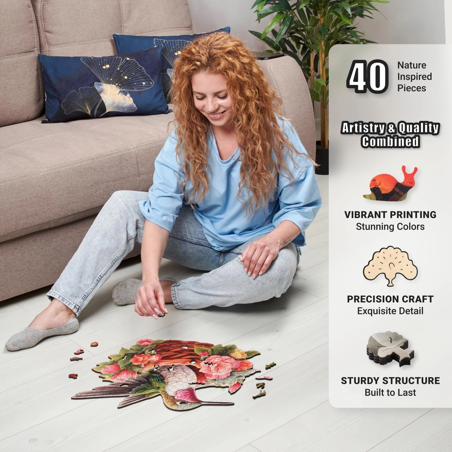 Glorious Hummingbird - 350 Piece Wooden Puzzles for Adults - 17.7 x 14.9 in - Extra-Thick 5 mm Wood Puzzle, Hand-Drawn Pieces, Bird-Shaped Mosaic Design - Premium Gift for Puzzle Lovers by LEOGOR