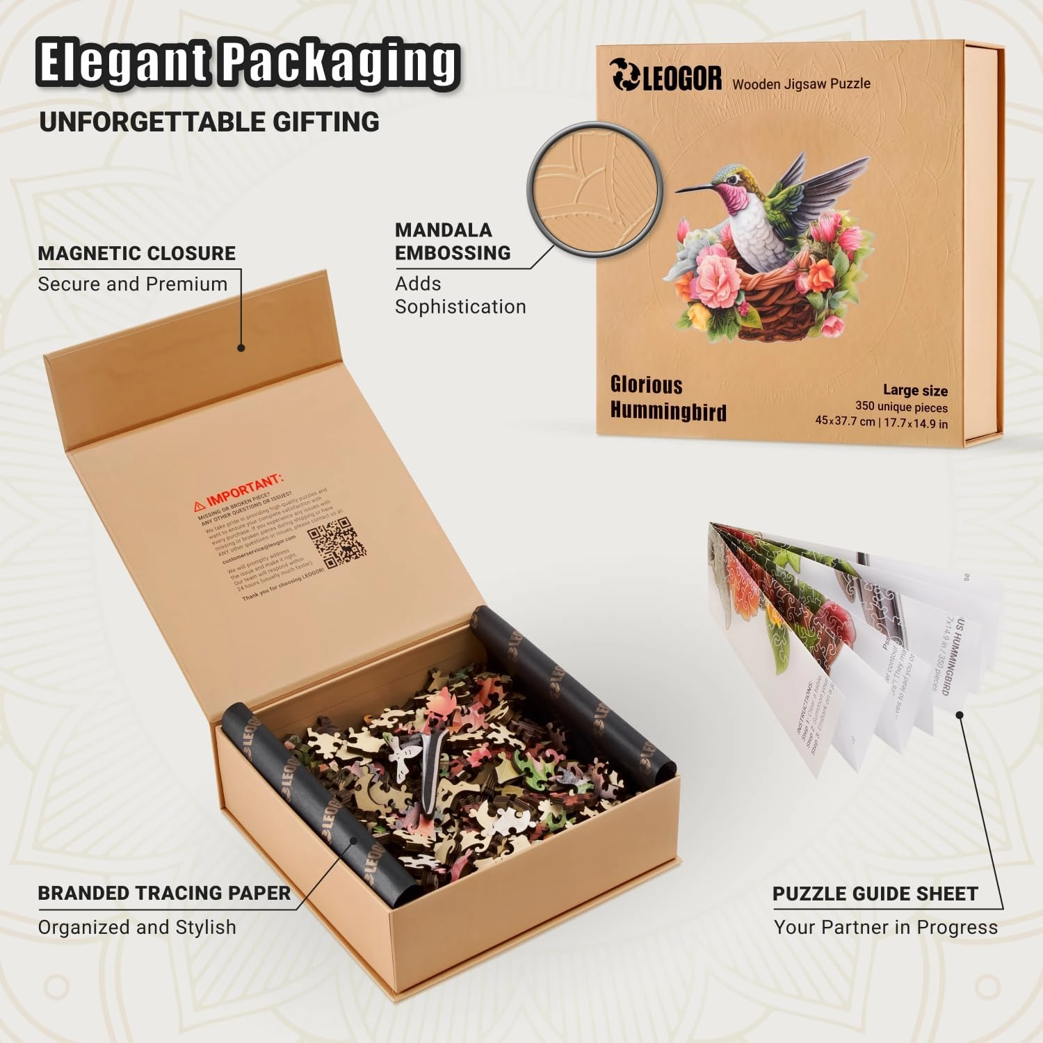 Glorious Hummingbird - 350 Piece Wooden Puzzles for Adults - 17.7 x 14.9 in - Extra-Thick 5 mm Wood Puzzle, Hand-Drawn Pieces, Bird-Shaped Mosaic Design - Premium Gift for Puzzle Lovers by LEOGOR