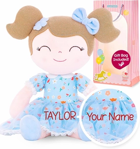 Gloveleya Personalized Doll with Your Name - Cute Floral Blue Custom Soft Plush Doll for Girls Plush Doll Customized Gifts - Muñecas de Trapo Personalizadas para Niñas