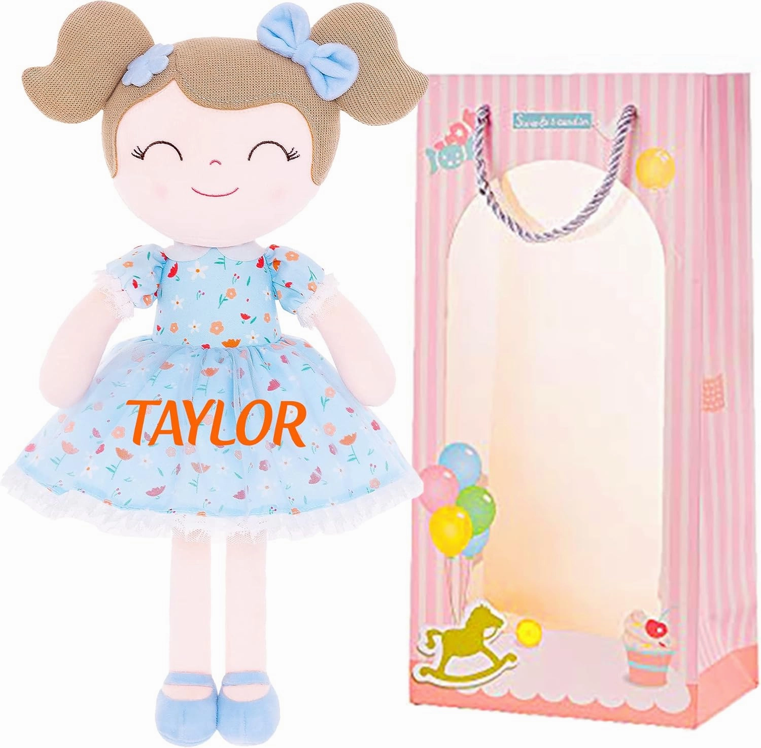 Gloveleya Personalized Doll with Your Name - Cute Floral Blue Custom Soft Plush Doll for Girls Plush Doll Customized Gifts - Muñecas de Trapo Personalizadas para Niñas