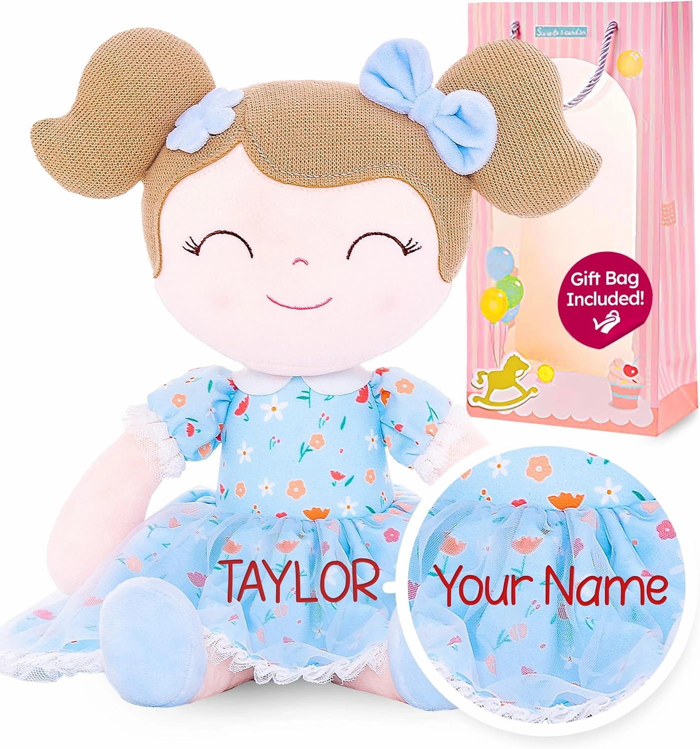 Gloveleya Personalized Doll with Your Name - Cute Floral Blue Custom Soft Plush Doll for Girls Plush Doll Customized Gifts - Muñecas de Trapo Personalizadas para Niñas