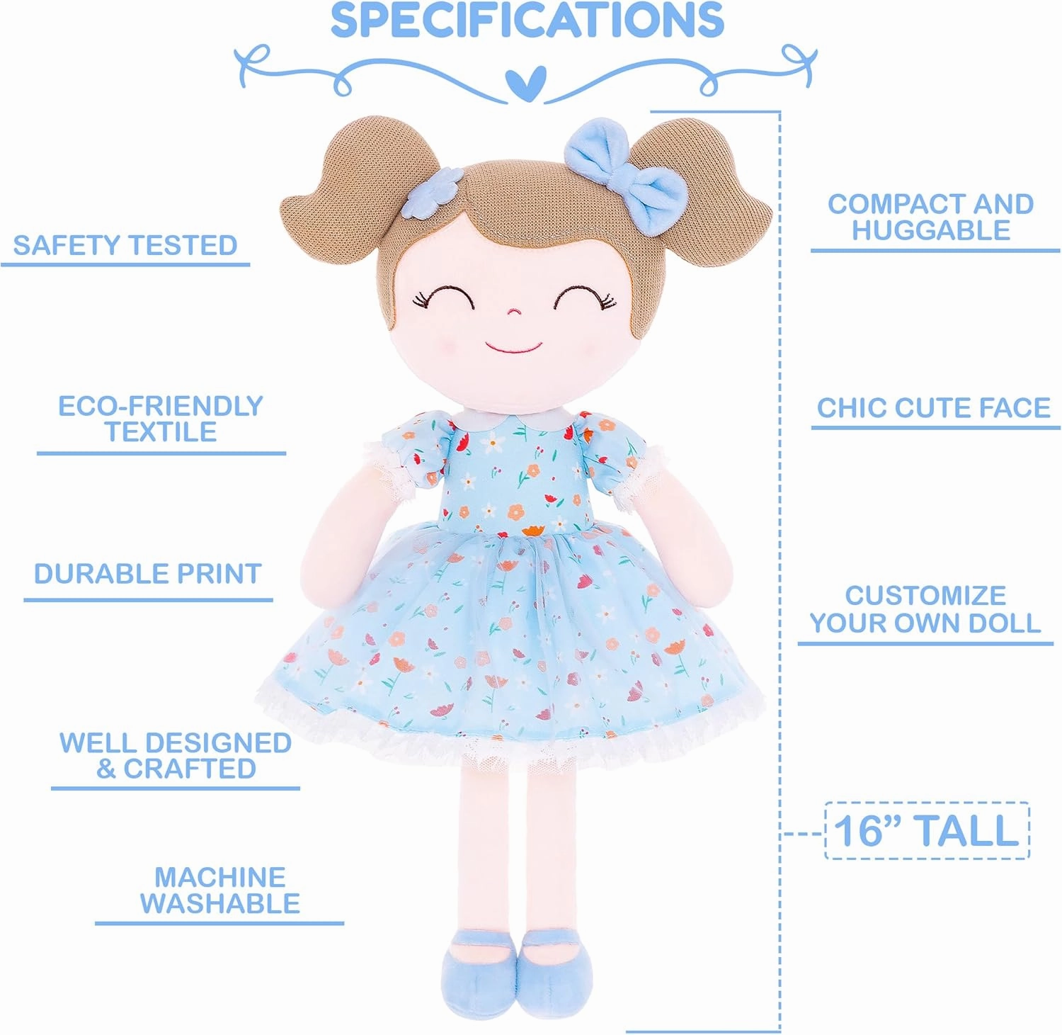 Gloveleya Personalized Doll with Your Name - Cute Floral Blue Custom Soft Plush Doll for Girls Plush Doll Customized Gifts - Muñecas de Trapo Personalizadas para Niñas