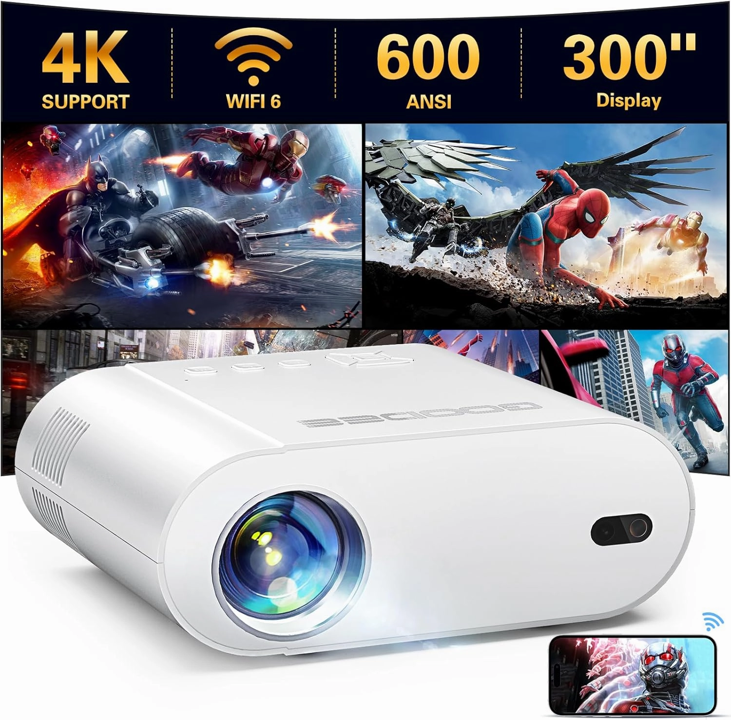 GooDee 4K Mini Projector with WiFi and Bluetooth, Auto Keystone & Electric Focus, 600 ANSI Native 1080P Portable Movie Projector for Phone/Laptop/TV Stick/PS5/PPT