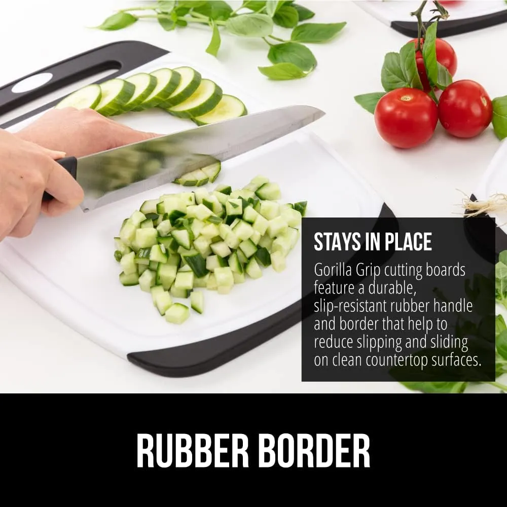 GORILLA GRIP 100% BPA-Free Reversible Kitchen Cutting Board Set of 3, Nonporous, Juice Grooves to Catch Liquid, Slip Resistant Handle Border, Dishwasher Safe, Durable Large Food Chopping Boards, Black