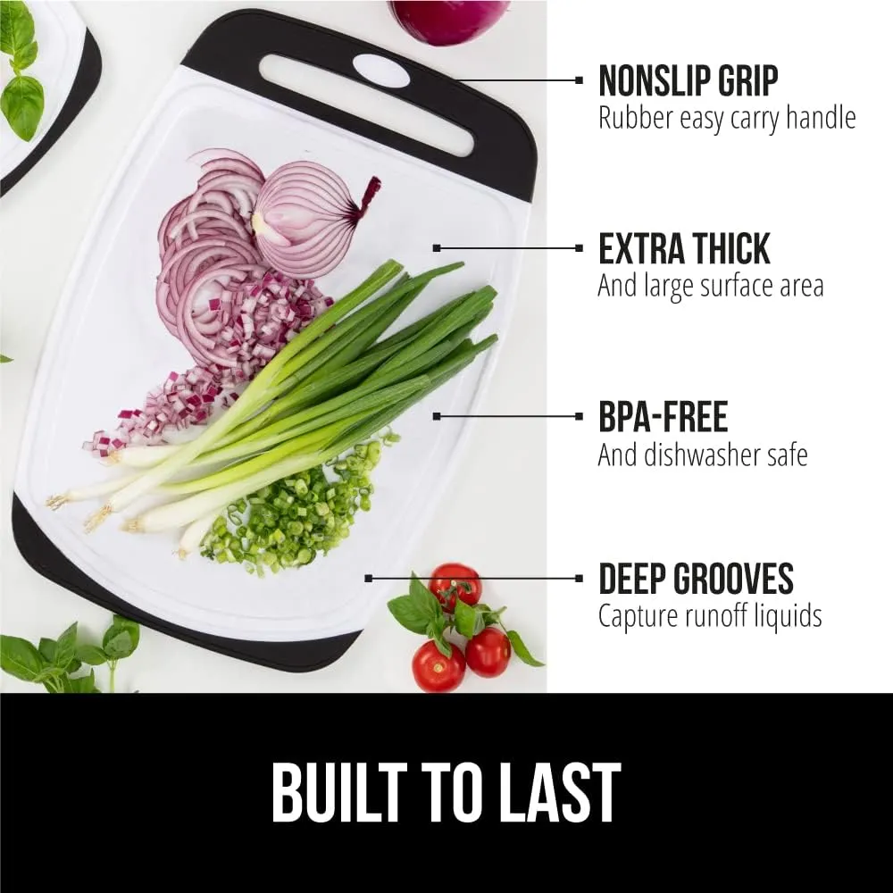 GORILLA GRIP 100% BPA-Free Reversible Kitchen Cutting Board Set of 3, Nonporous, Juice Grooves to Catch Liquid, Slip Resistant Handle Border, Dishwasher Safe, Durable Large Food Chopping Boards, Black