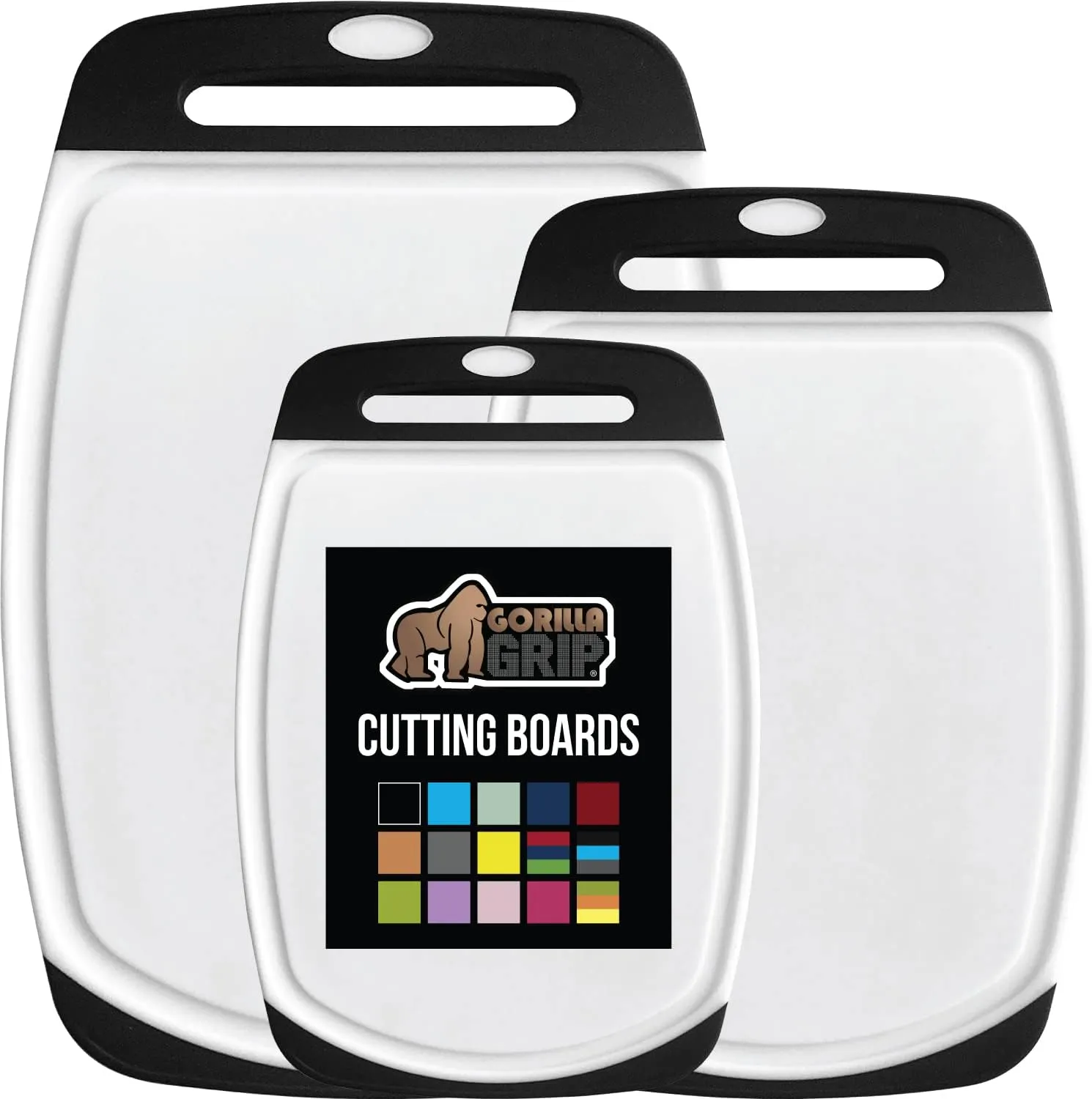 GORILLA GRIP 100% BPA-Free Reversible Kitchen Cutting Board Set of 3, Nonporous, Juice Grooves to Catch Liquid, Slip Resistant Handle Border, Dishwasher Safe, Durable Large Food Chopping Boards, Black