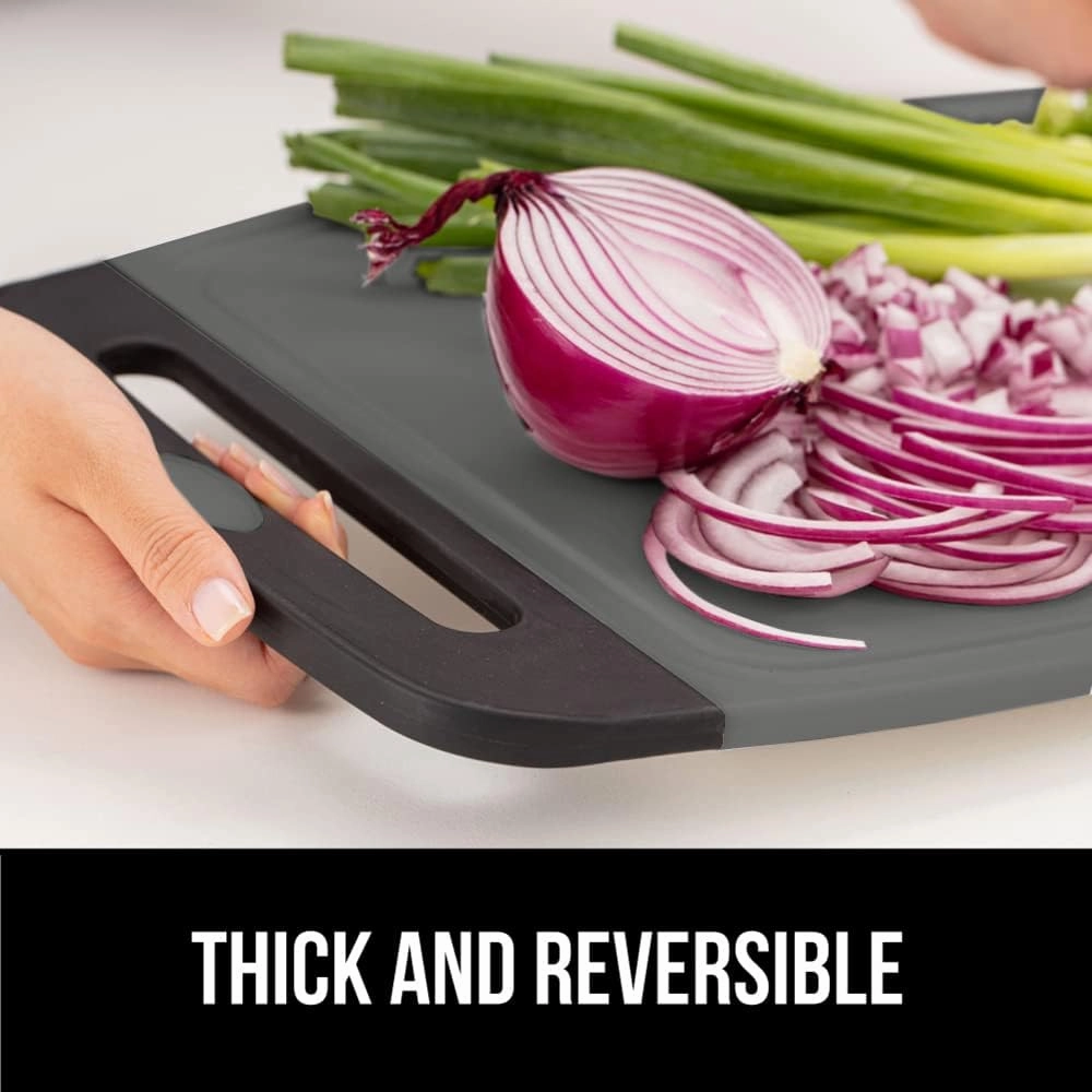 GORILLA GRIP 100% BPA-Free Reversible Kitchen Cutting Board Set of 3, Nonporous, Juice Grooves to Catch Liquid, Slip Resistant Handle Border, Dishwasher Safe, Durable Food Chopping Boards, Black Gray