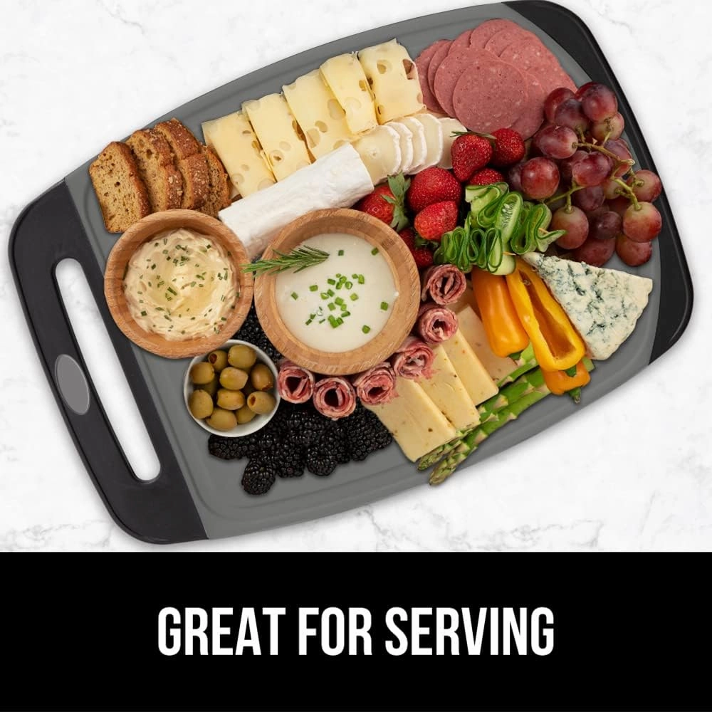 GORILLA GRIP 100% BPA-Free Reversible Kitchen Cutting Board Set of 3, Nonporous, Juice Grooves to Catch Liquid, Slip Resistant Handle Border, Dishwasher Safe, Durable Food Chopping Boards, Black Gray