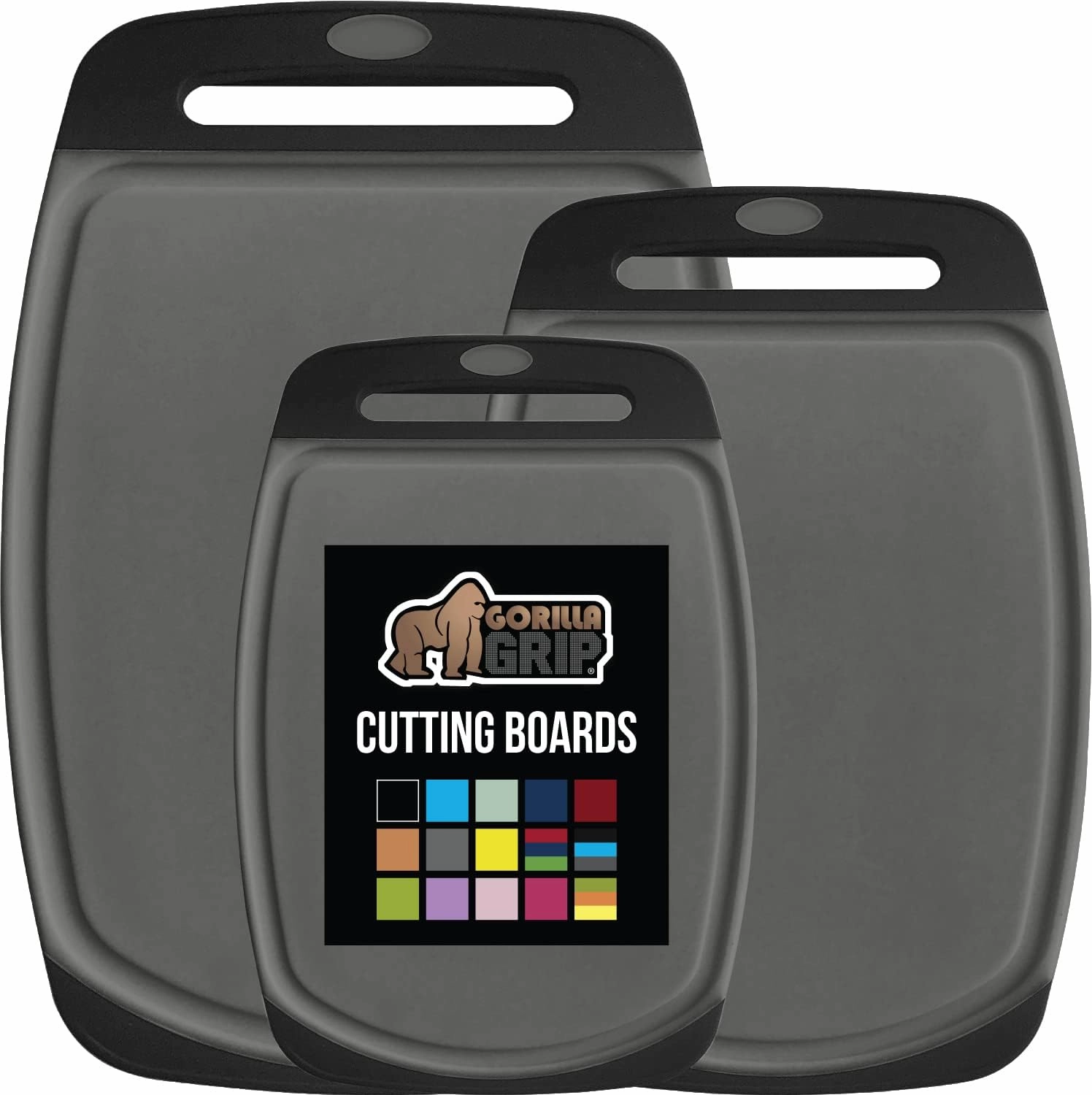 GORILLA GRIP 100% BPA-Free Reversible Kitchen Cutting Board Set of 3, Nonporous, Juice Grooves to Catch Liquid, Slip Resistant Handle Border, Dishwasher Safe, Durable Food Chopping Boards, Black Gray