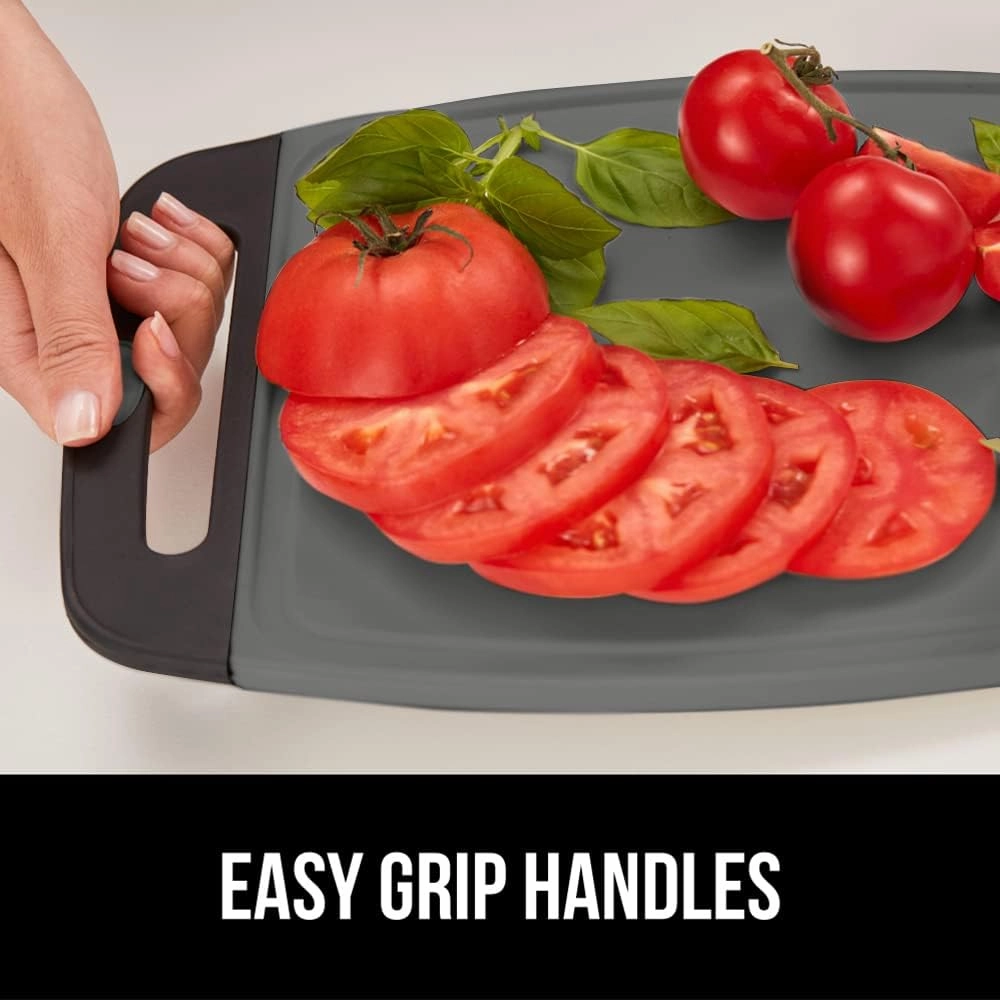 GORILLA GRIP 100% BPA-Free Reversible Kitchen Cutting Board Set of 3, Nonporous, Juice Grooves to Catch Liquid, Slip Resistant Handle Border, Dishwasher Safe, Durable Food Chopping Boards, Black Gray