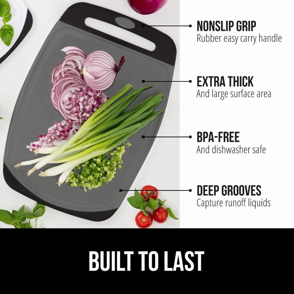 GORILLA GRIP 100% BPA-Free Reversible Kitchen Cutting Board Set of 3, Nonporous, Juice Grooves to Catch Liquid, Slip Resistant Handle Border, Dishwasher Safe, Durable Food Chopping Boards, Black Gray