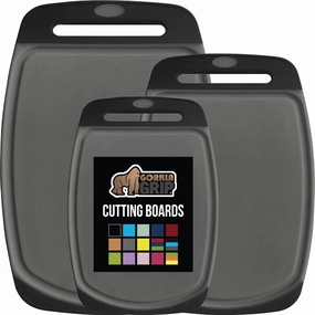 GORILLA GRIP 100% BPA-Free Reversible Kitchen Cutting Board Set of 3, Nonporous, Juice Grooves to Catch Liquid, Slip Resistant Handle Border, Dishwasher Safe, Durable Food Chopping Boards, Black Gray