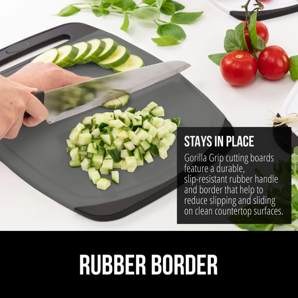 GORILLA GRIP 100% BPA-Free Reversible Kitchen Cutting Board Set of 3, Nonporous, Juice Grooves to Catch Liquid, Slip Resistant Handle Border, Dishwasher Safe, Durable Food Chopping Boards, Black Gray