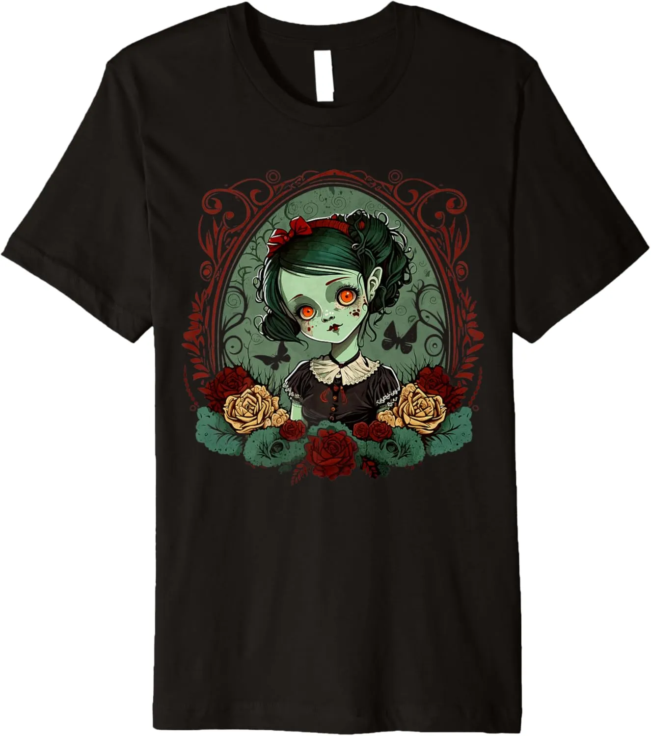 Gothic Dark Zombie Doll Chibi Style Roses Premium T-Shirt