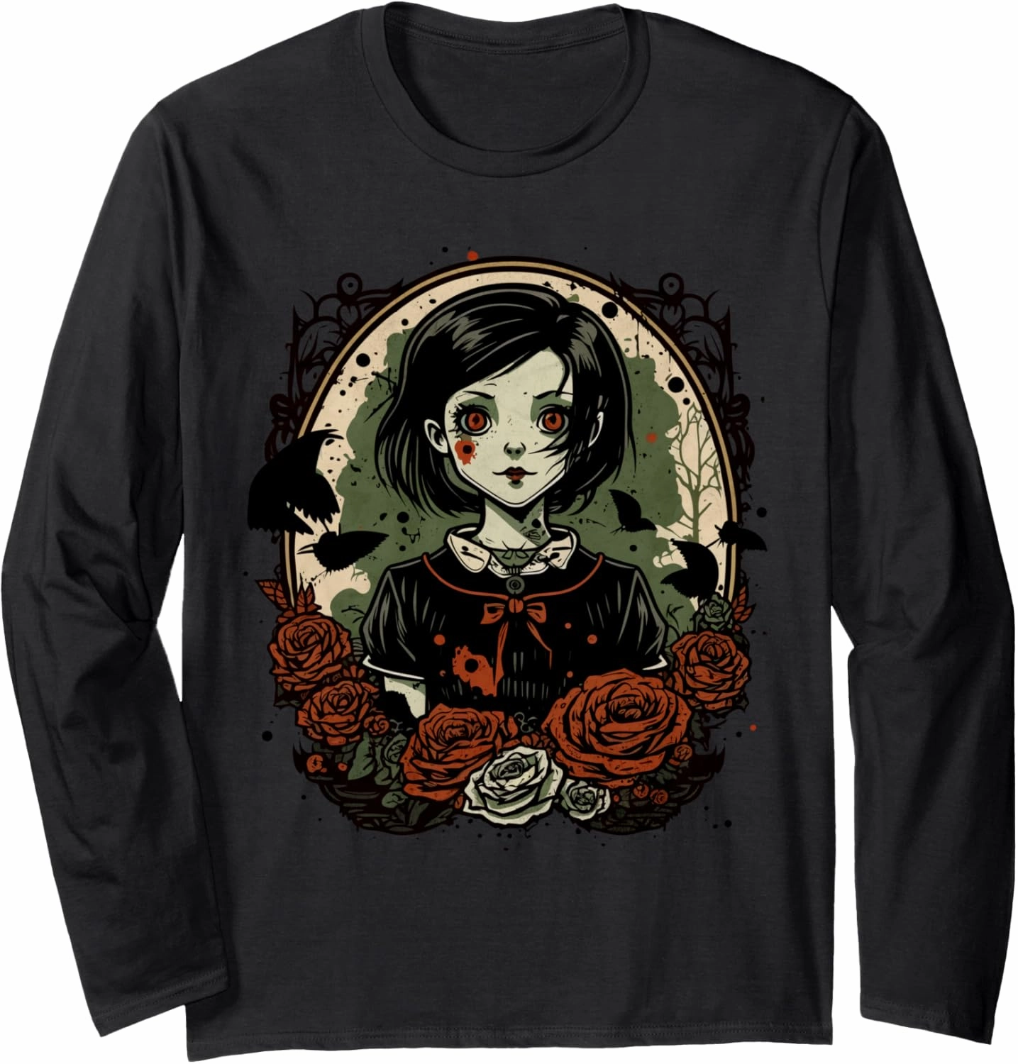 Gothic Dark Zombie Doll Chibi Style Roses and Butterflies Long Sleeve T-Shirt