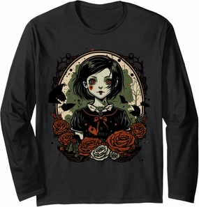 Gothic Dark Zombie Doll Chibi Style Roses and Butterflies Long Sleeve T-Shirt