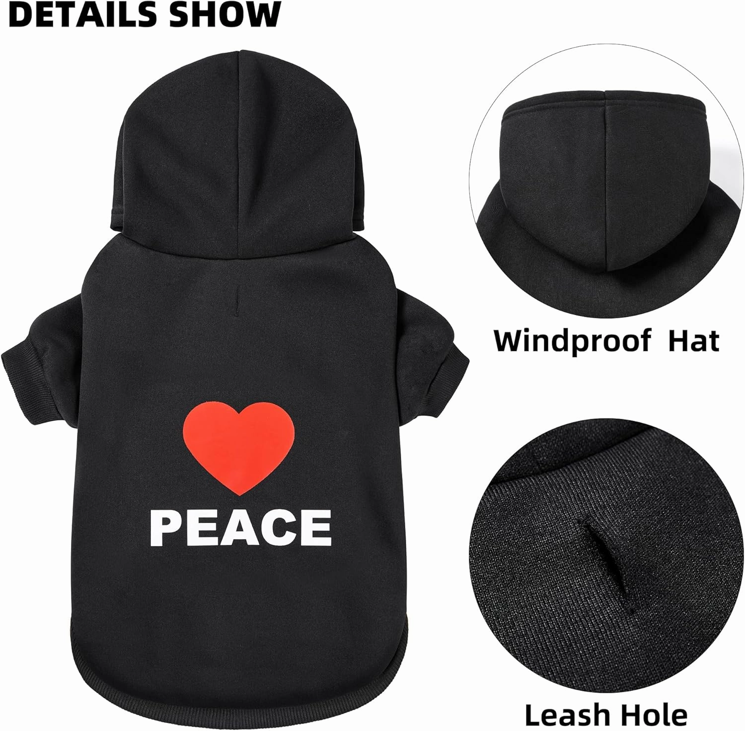 GreenJoy Dog Hoodie & Sweater - Cold Weather Coat for Puppies, Cats & Small to Large Dogs (Large, Black (Love Peace))
