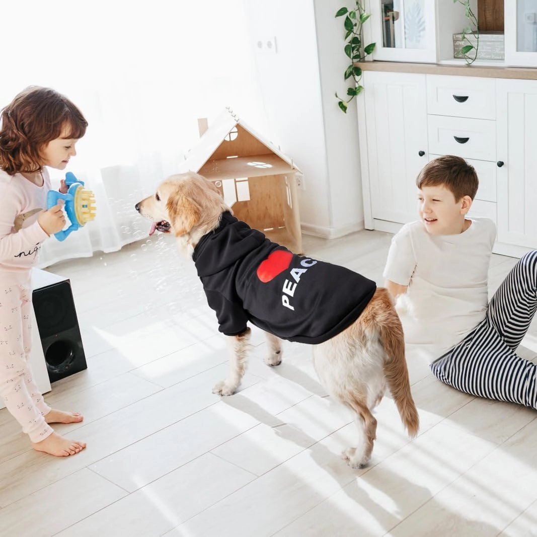 GreenJoy Dog Hoodie & Sweater - Cold Weather Coat for Puppies, Cats & Small to Large Dogs (Large, Black (Love Peace))