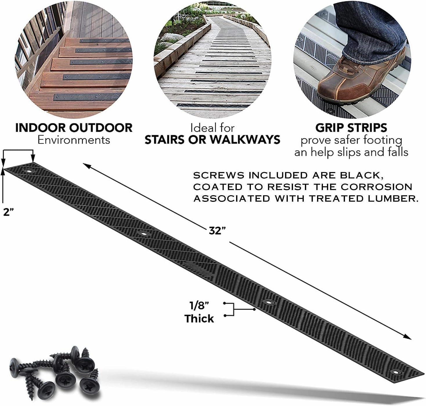 GripStrips Anti-Slip Treads - 8 Pack, Black (32" x 2") - Outdoor Non-Slip Tread Strips - Waterproof Safety Traction Strips for Stairs, Ramps, Boats, Ladders, Wood, Concrete, Metal, Composite