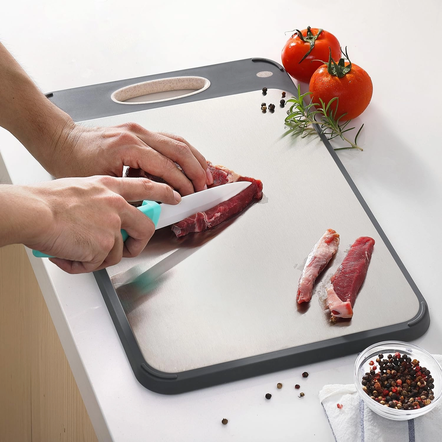 GUANCI Cutting Board for Kitchen Double Sided 304 Stainless Steel Chopping Board Food-Grade Stainless Steel and Wheat Straw PP Samll Size 14’’×9.6’’ Easy to Clean