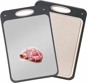 GUANCI Cutting Board for Kitchen Double Sided 304 Stainless Steel Chopping Board Food-Grade Stainless Steel and Wheat Straw PP Samll Size 14’’×9.6’’ Easy to Clean