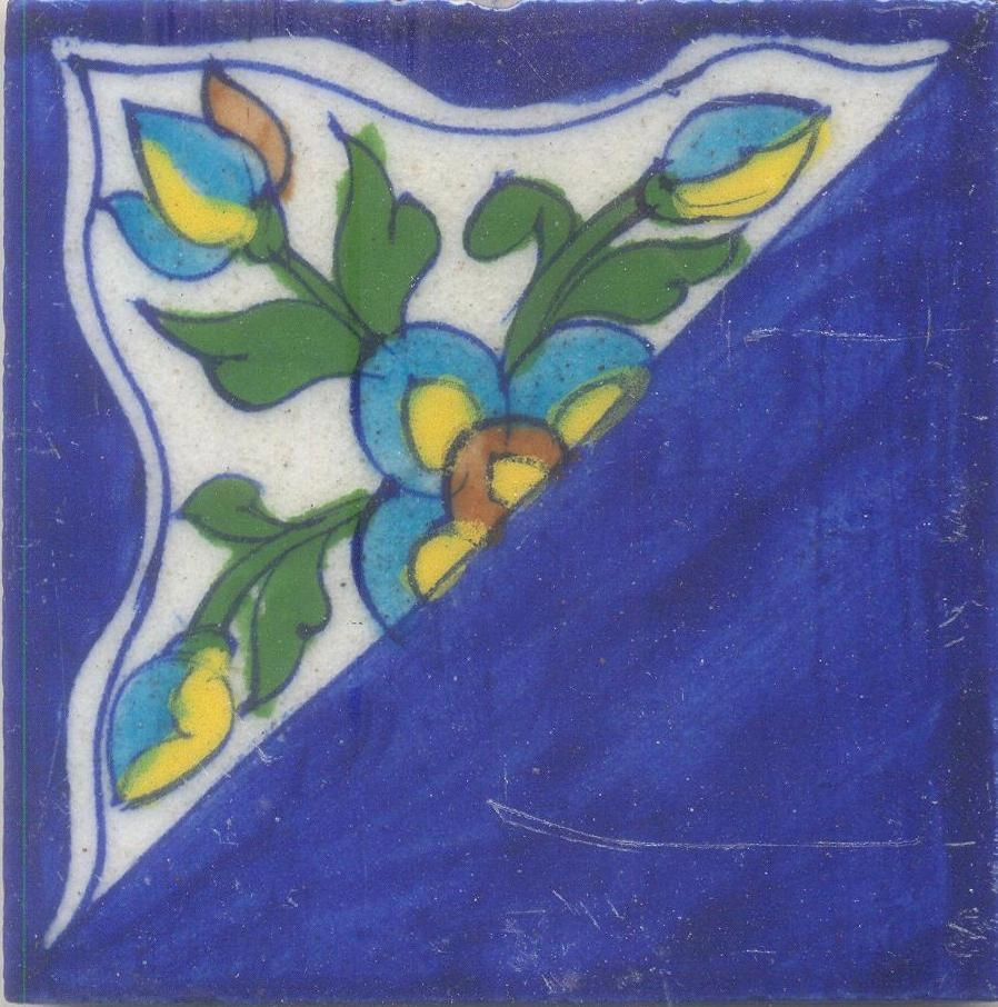 Half Flowers Design with Blue color Base Tile